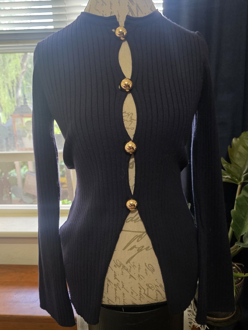 Commense Navy Ribbed Knit Cardigan Top with Gold Chunky Buttons